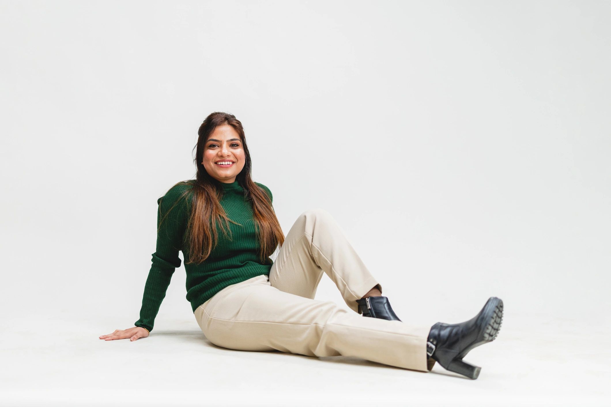 Smiling woman in a studio portrait