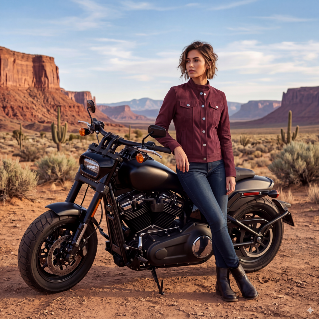 women in moto jacket