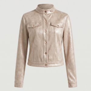 Women's Cropped Faux Leather Jacket | Vegan Stand Collar Biker Moto Jacket for Fall City Streetwear & Casual Outfits, Apricot