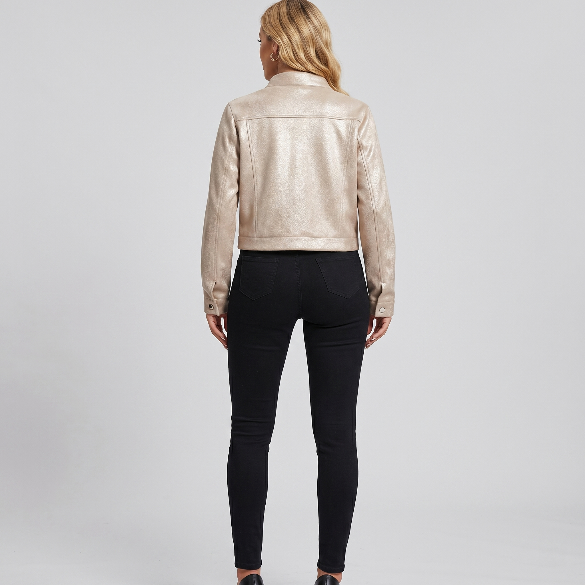 Women's Cropped Faux Leather Jacket | Vegan Stand Collar Biker Moto Jacket for Fall City Streetwear & Casual Outfits, Apricot - Image 8