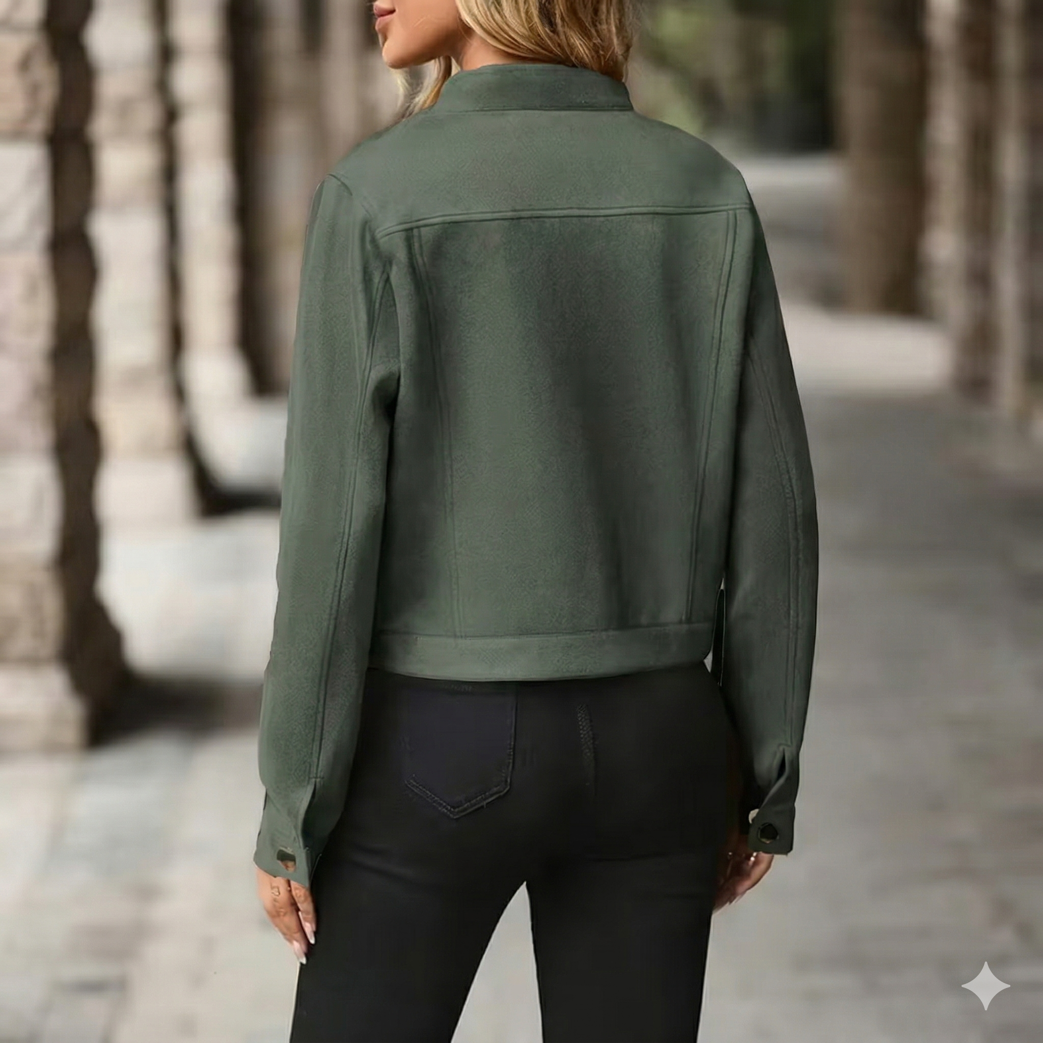 Women's Cropped Faux Leather Jacket | Vegan Stand Collar Biker Moto Jacket for Fall City Streetwear & Casual Outfits, Oliver Green - Image 6